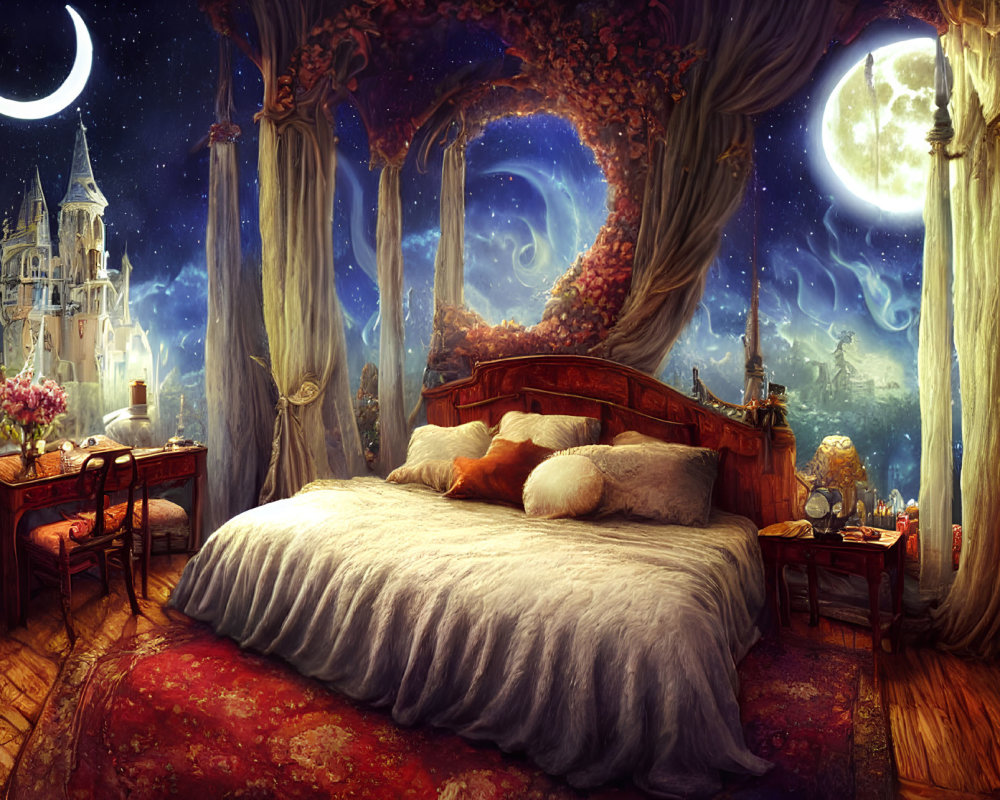 Fantasy Bedroom with Ornate Bed, Castle View, Books, and Crescent Moon