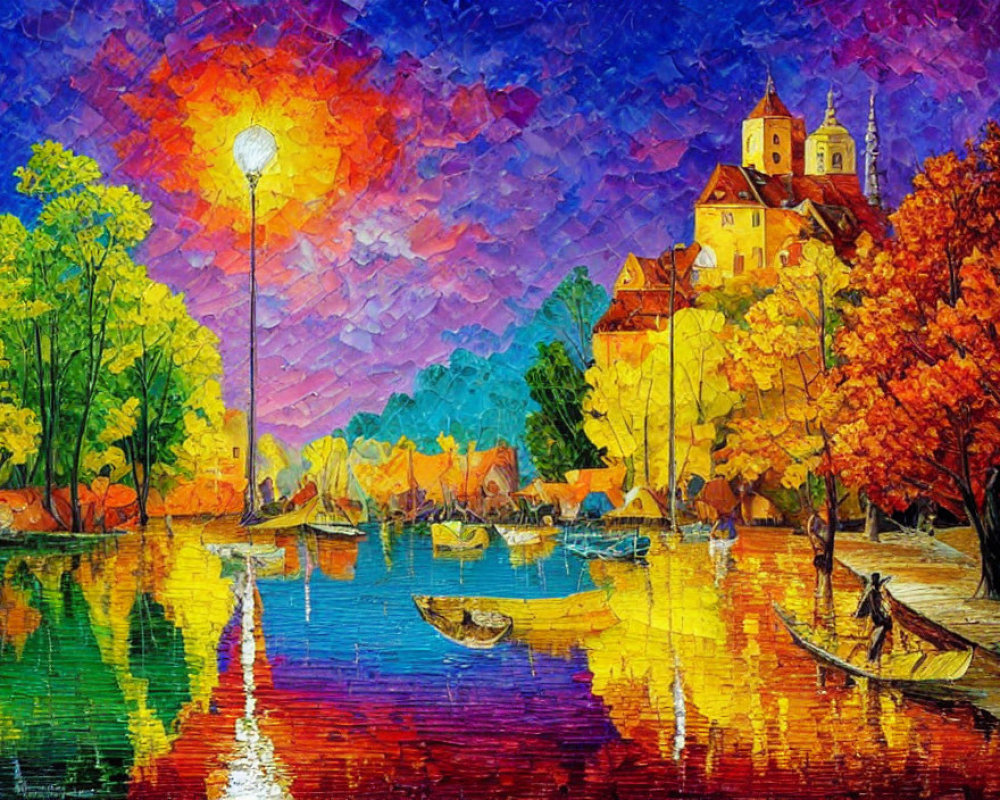 Impressionistic painting of serene river scene at dusk with autumn trees, boats, lamppost,