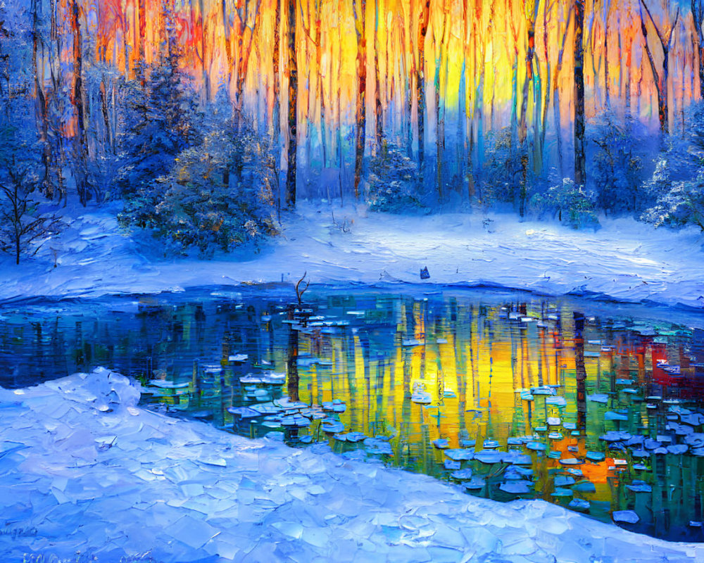 Winter scene painting with snow, lake, and colorful trees