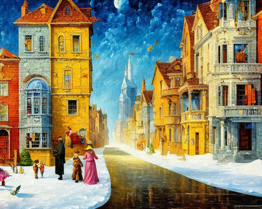 Colorful Old-Time Street Scene Painting with Snowy Setting