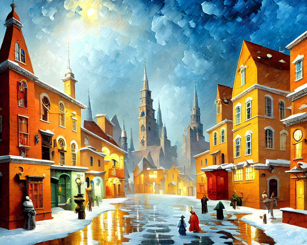 Snowy European town scene at dusk with colorful buildings, cobblestone street, and townspeople under