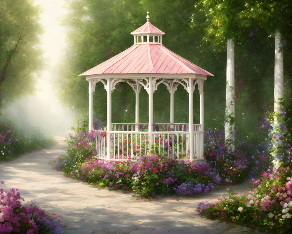 Tranquil garden with white gazebo and pink flowers