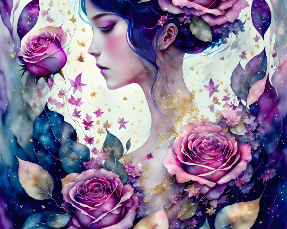 Cosmic-themed artwork featuring a woman with blue hair and vibrant colors