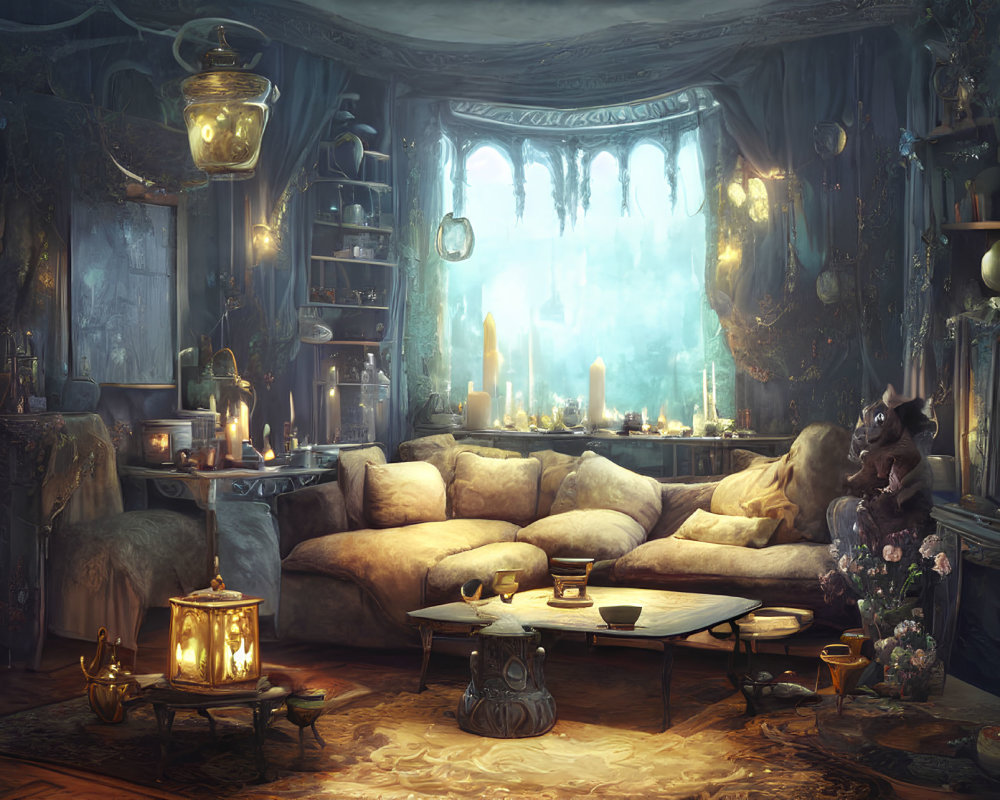 Mystical room with glowing candles, plush cushions, books, gargoyle, and dreamy