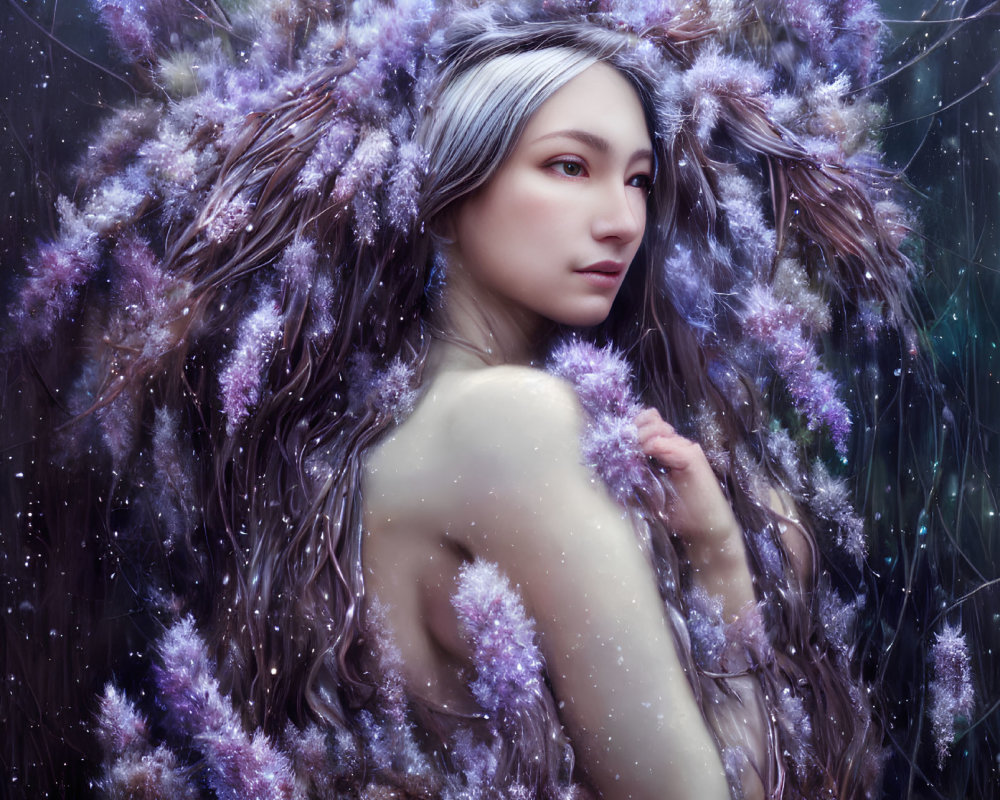 Portrait of Woman with White Hair and Purple Flower Crown in Mystical Setting