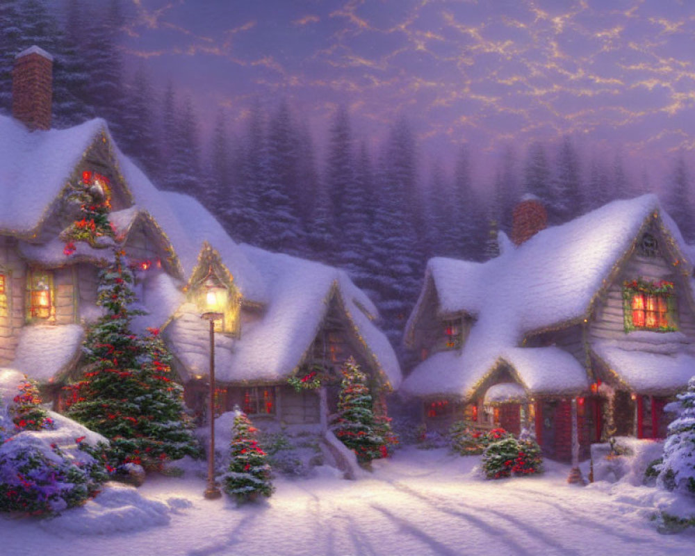 Snowy landscape with glowing Christmas cottages at twilight