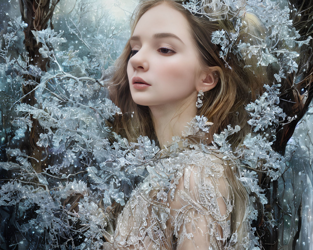 Woman with crystal embellishments in frosty woodland setting