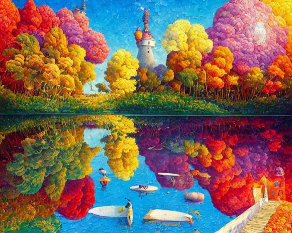 Colorful painting of castle, autumn trees, lake, boats, ducks under blue sky