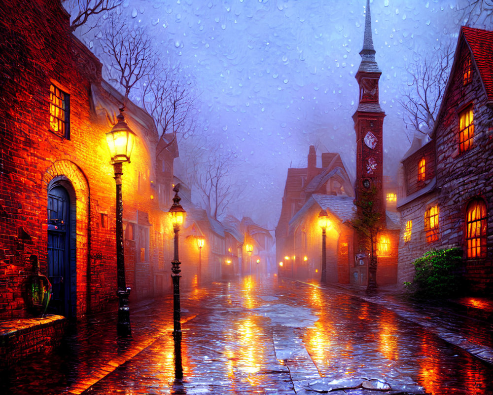 Quaint old town cobblestone street with brick buildings at twilight