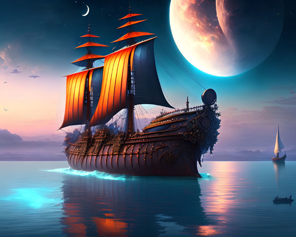 Majestic ship with orange sails on calm waters at twilight