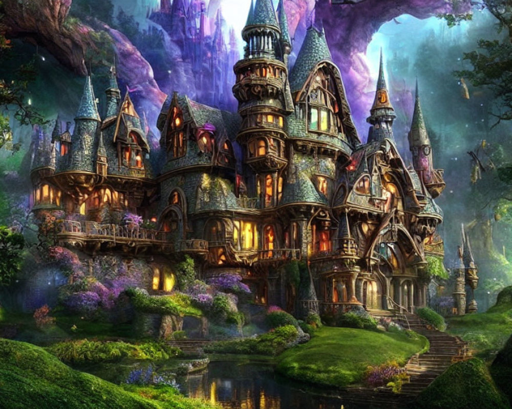 Fantasy castle in lush surroundings with glowing windows