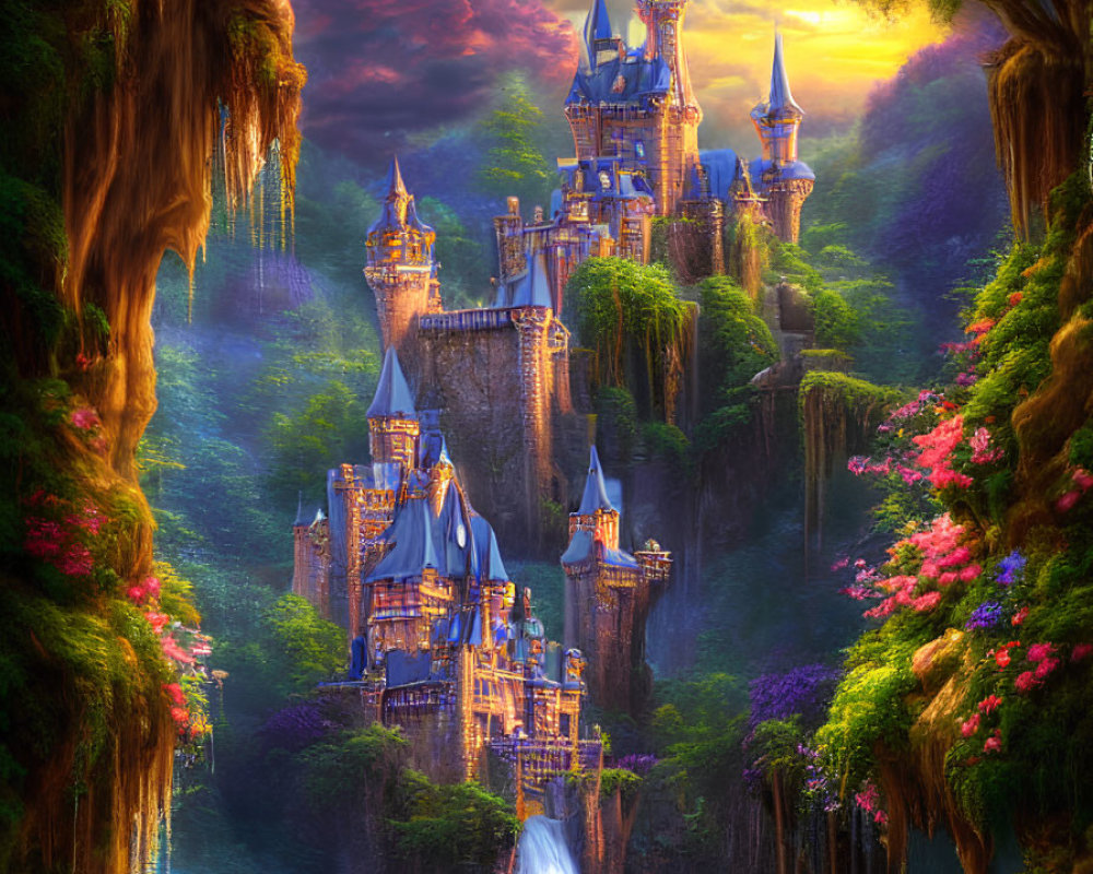 Majestic fantasy castle with spires in lush waterfall scenery