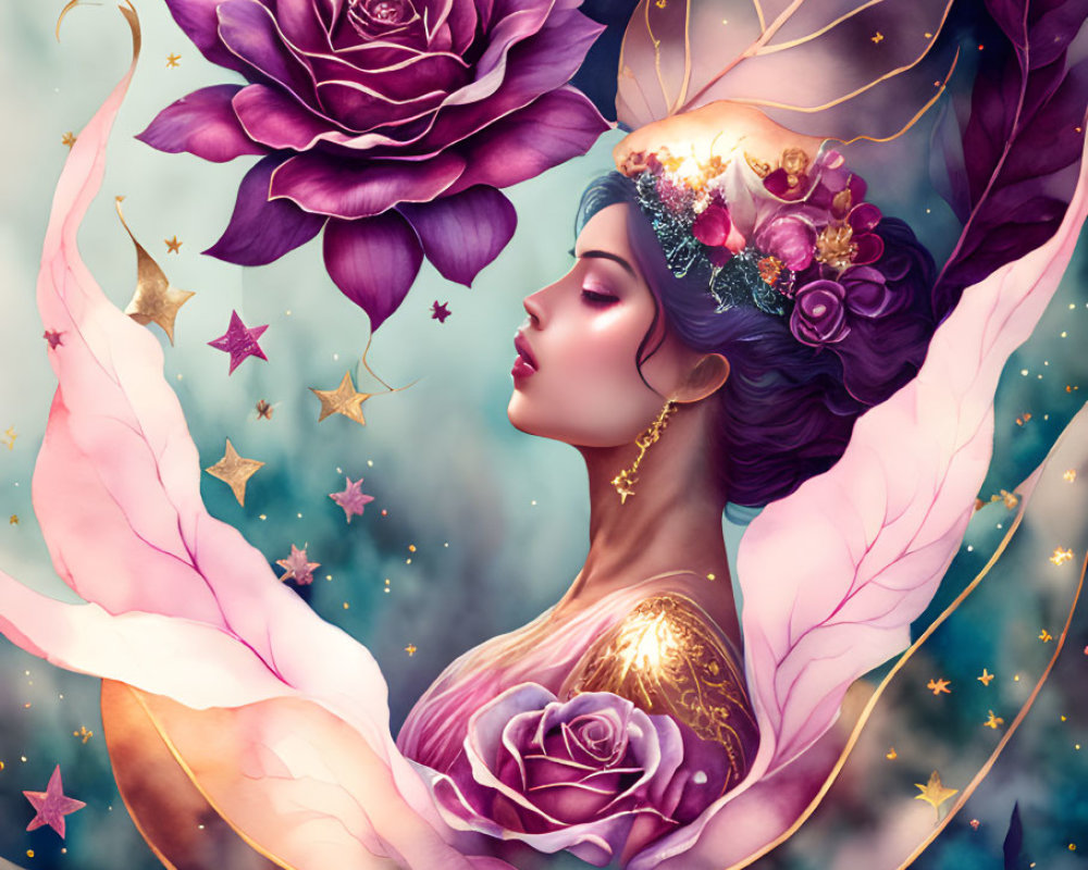 Fantasy art: Woman with pink petals, purple roses, and stars.