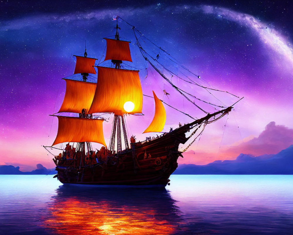 Majestic sailing ship with illuminated sails under starry night sky