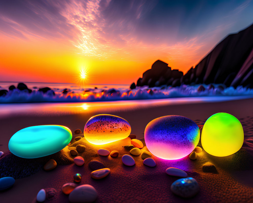 Vibrant sunset beach scene with glowing stones and vivid skies