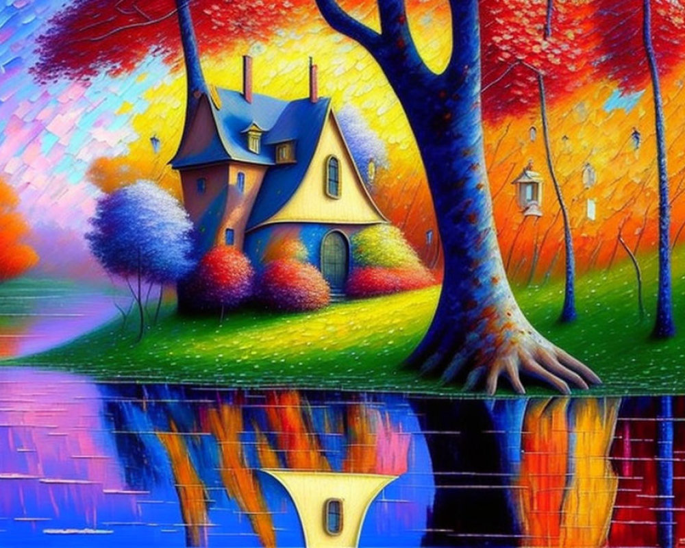 Colorful Painting of Whimsical House by Tree with Water Reflection