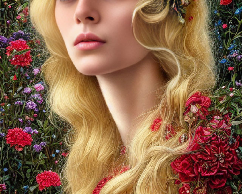 Blonde woman portrait with red flowers in lush backdrop