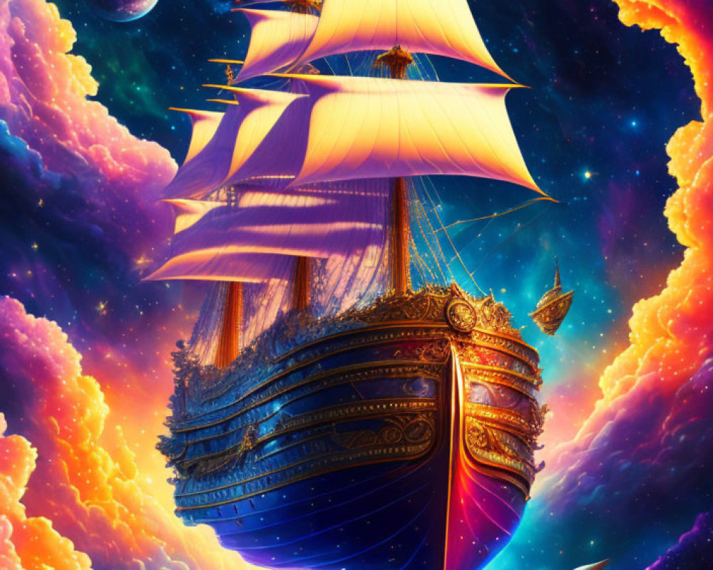 Majestic sailing ship in vibrant cosmic sky with colorful nebulae