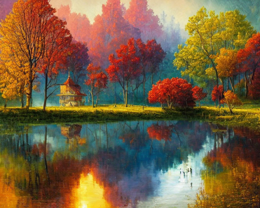 Tranquil autumn landscape with vibrant foliage, serene lake, gazebo, and ducks.