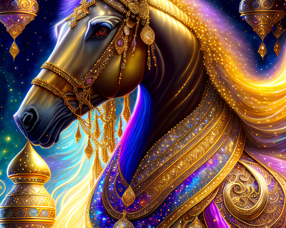 Majestic horse with golden jewelry in cosmic setting