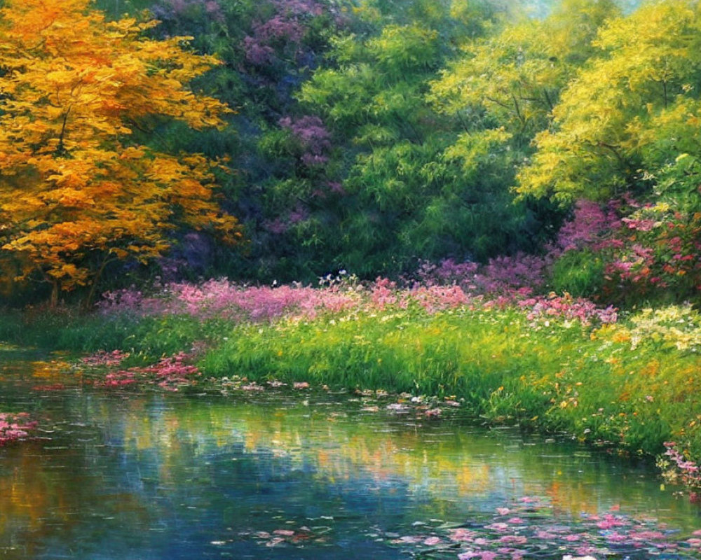 Tranquil pond with lush trees and reflections: serene impressionistic landscape