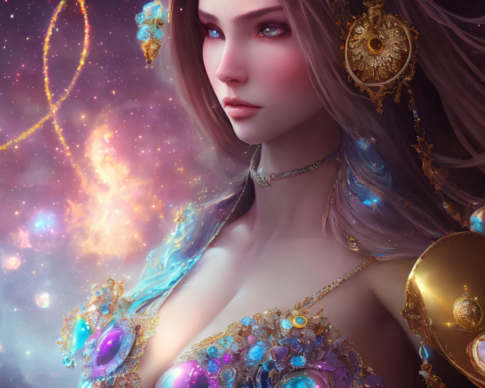 Celestial-themed digital artwork of a woman with ethereal makeup against a cosmic backdrop