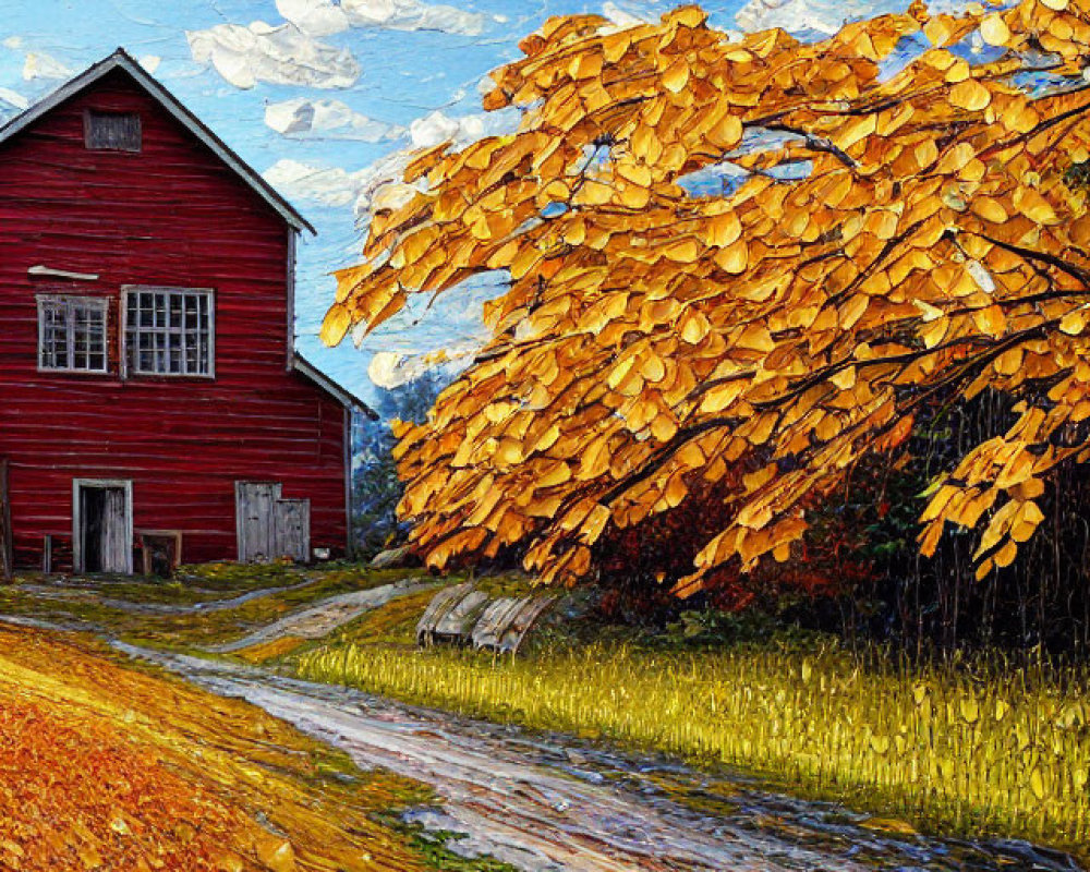 Colorful autumn landscape with red barn, golden leaves, blue sky, and reflective path