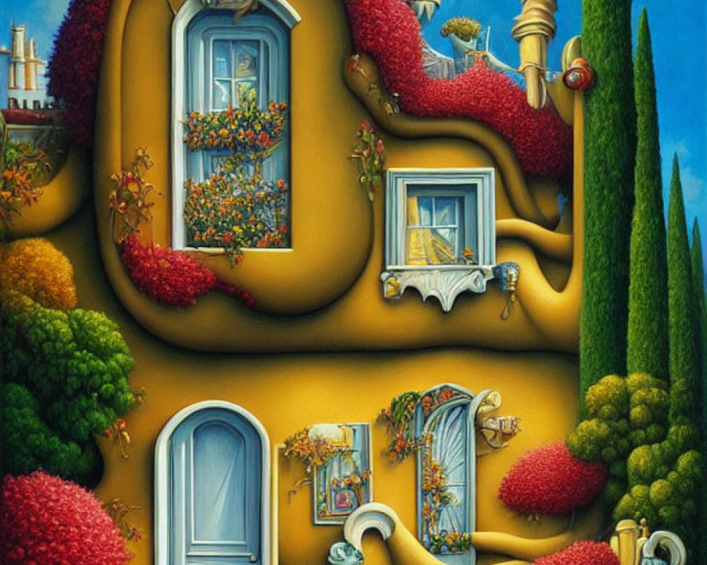 Whimsical surreal artwork: curved house, red foliage, fantasy towers