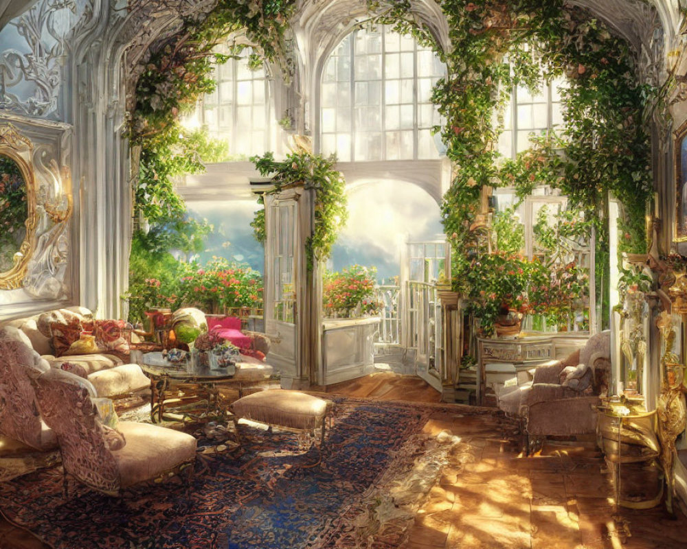 Luxurious Room with Large Windows, Ivy, Plush Seating, Rugs, and Sunny Landscape