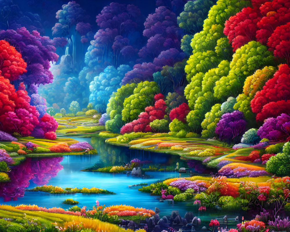 Colorful Foliage and Waterfall in Fantastical Woodland