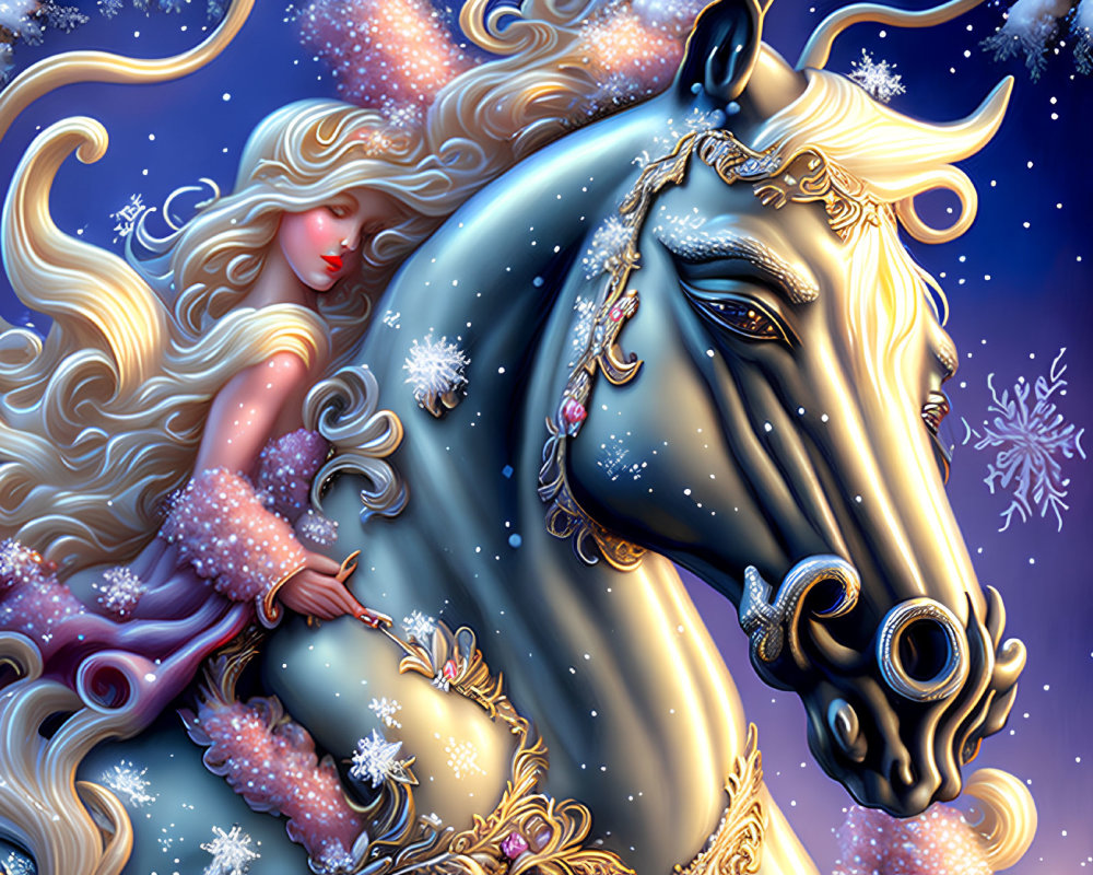 Fantasy illustration of woman embracing majestic horse under starry sky