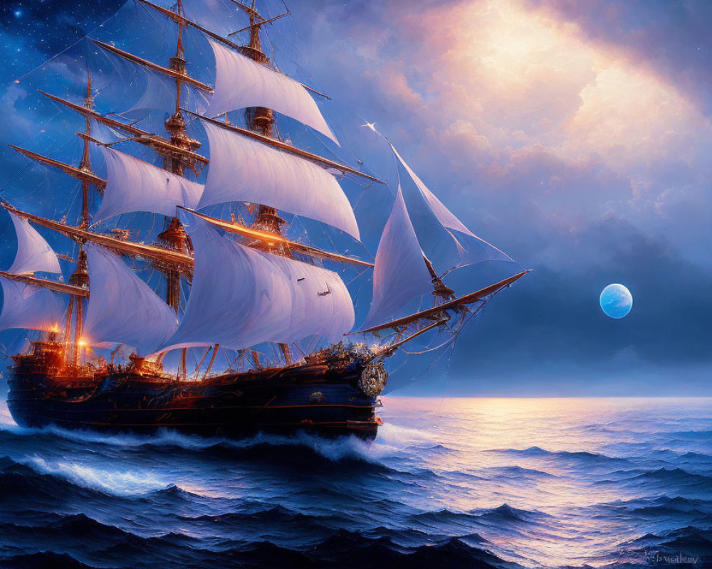 Majestic ship with full sails under starlit sky and full moon