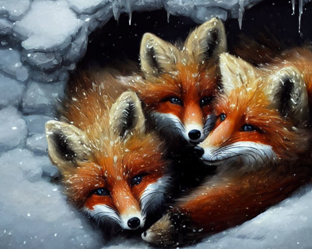 Three foxes in snow-covered den with icicles