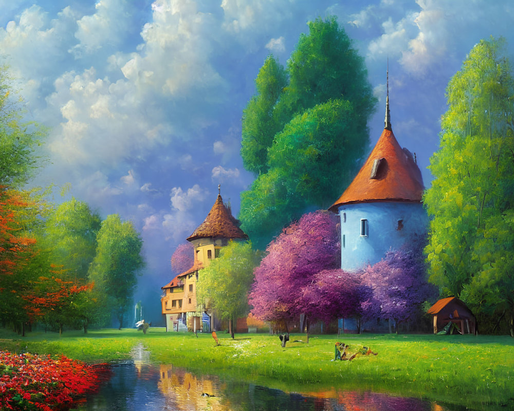 Vibrant flower-filled landscape with serene river and colorful cottages