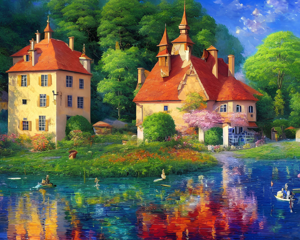 Scenic lakeside painting with charming houses and blooming trees