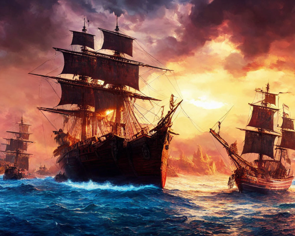 Galleons sailing on turbulent seas at sunset with fiery skies and crashing waves