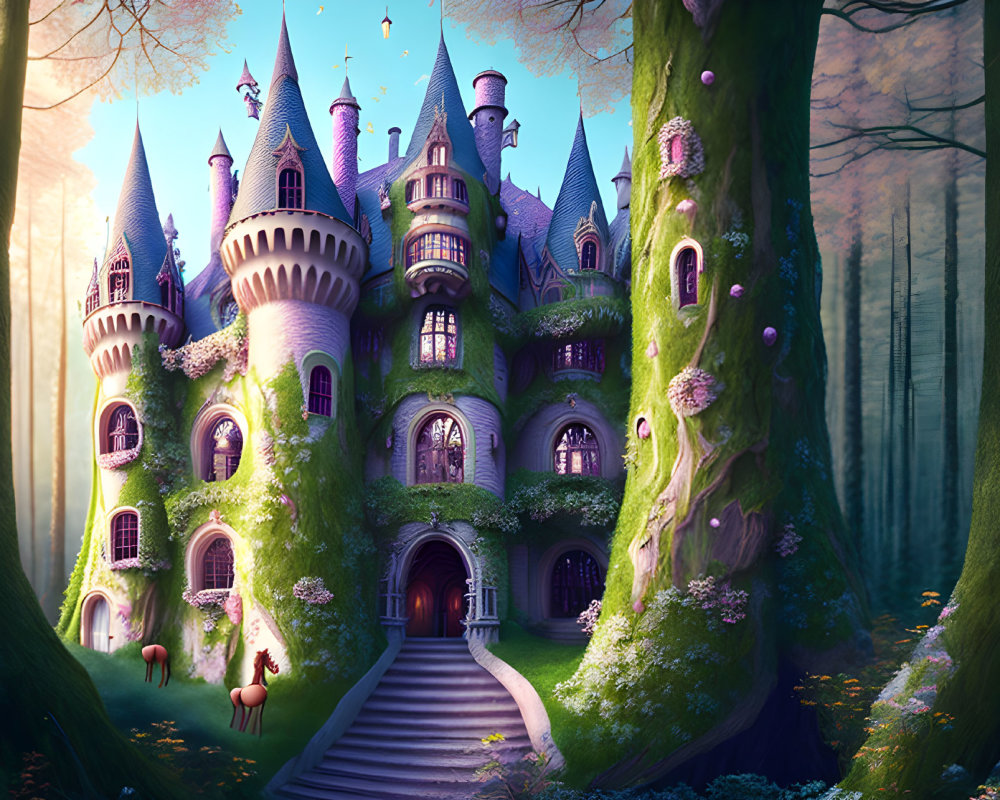 Mystical forest castle with ivy-covered towers and horse