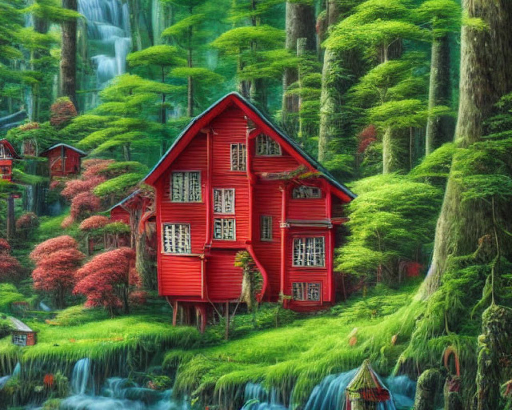 Enchanting fairy tale forest with red house, greenery, waterfalls, and red flowers