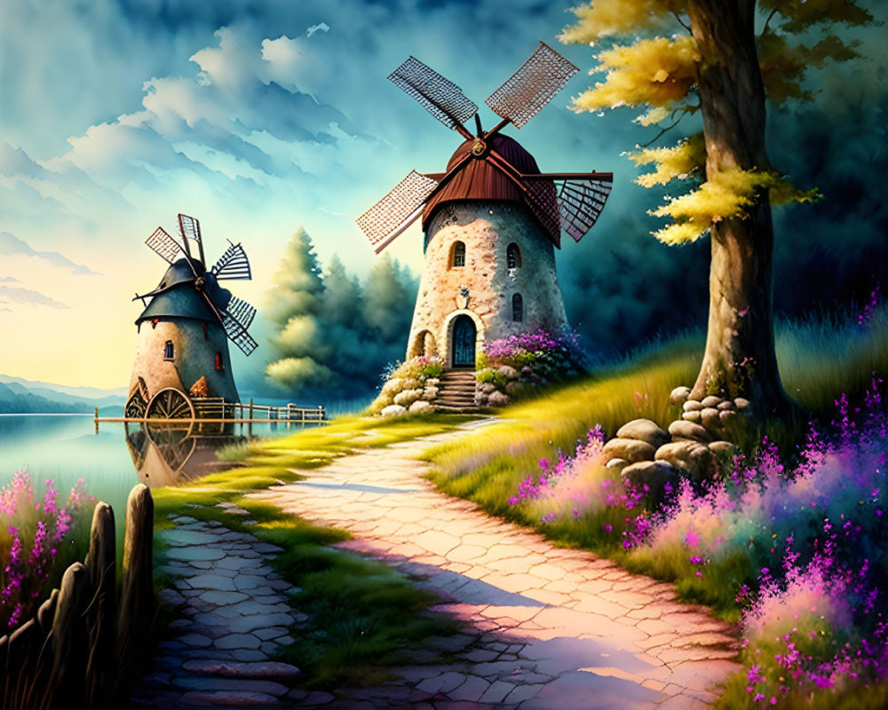 Illustration of two windmills by a path with vibrant flowers under a soft sunset sky