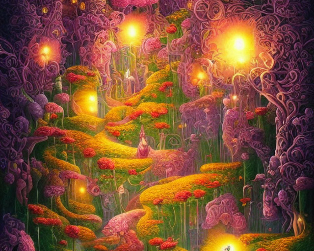 Vividly colored painting of mystical figures in enchanted forest