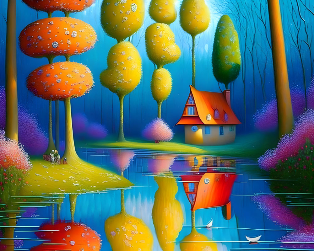 Colorful whimsical illustration: Small house, red roof, reflective lake, exaggerated trees