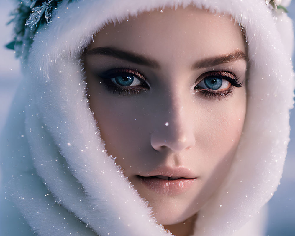 Close-up portrait of person with sparkling blue eyes and white fur hood with frosty sprigs.