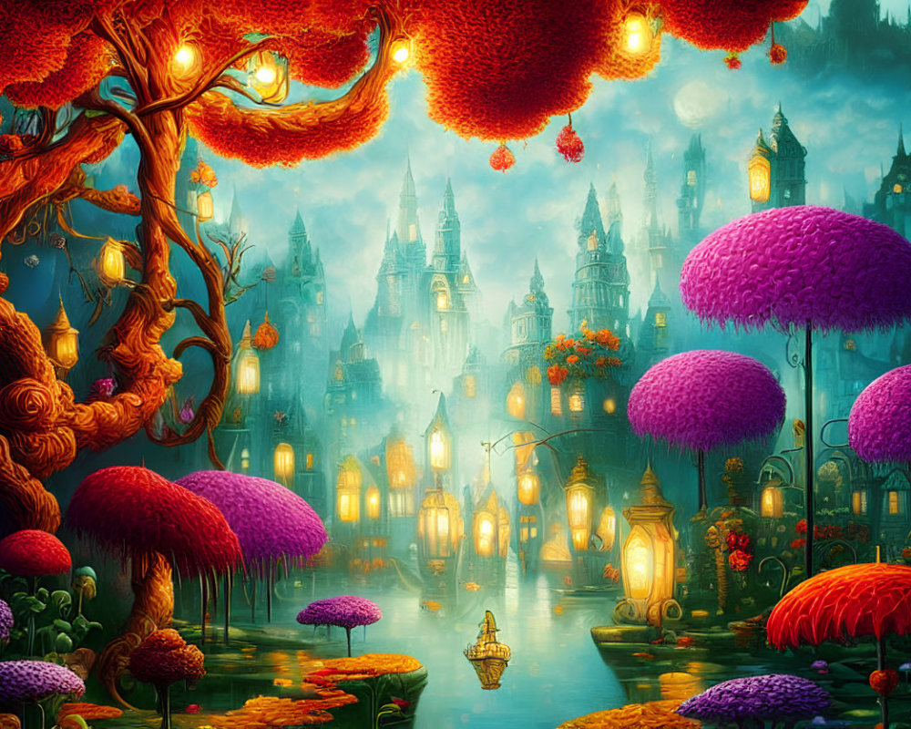 Colorful fantasy landscape with illuminated castle, glowing lanterns, and serene waterway