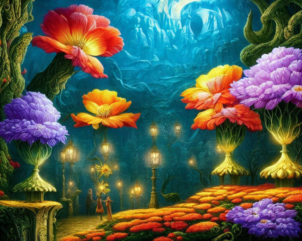 Colorful Fantasy Garden with Oversized Flowers and Glowing Mushrooms