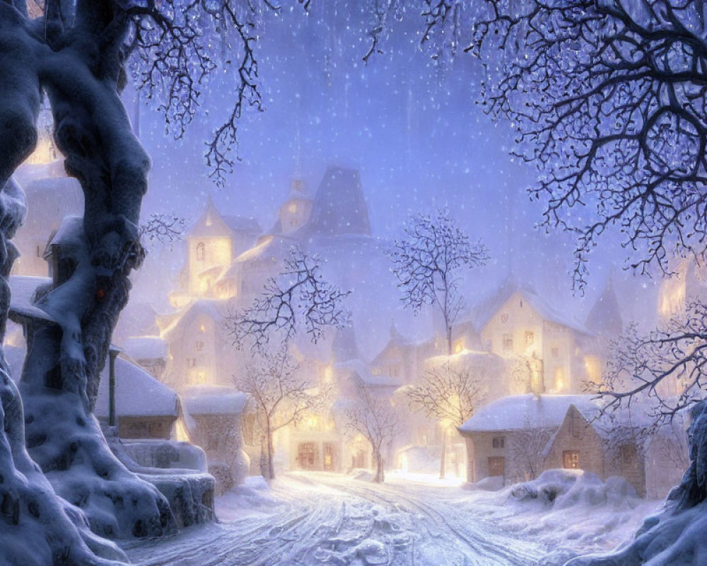 Snow-covered village at twilight with softly lit houses and falling snowflakes