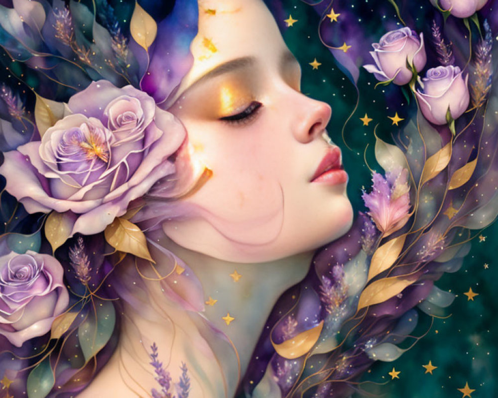 Woman in Purple Rose and Cosmic Element Artwork