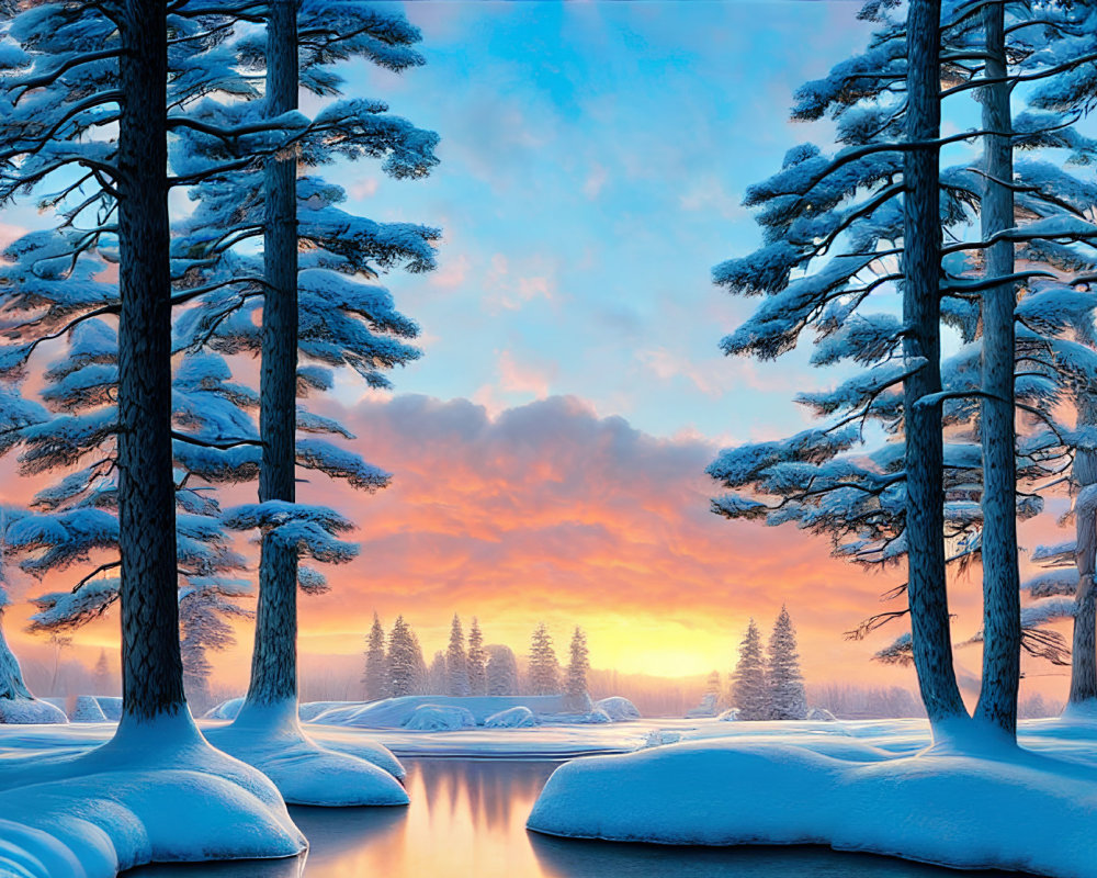 Tranquil river with snow-covered trees at vibrant sunset