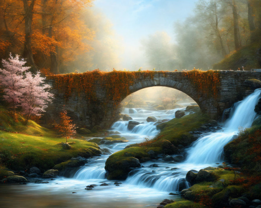 Stone bridge surrounded by autumn foliage over river with waterfalls and misty banks