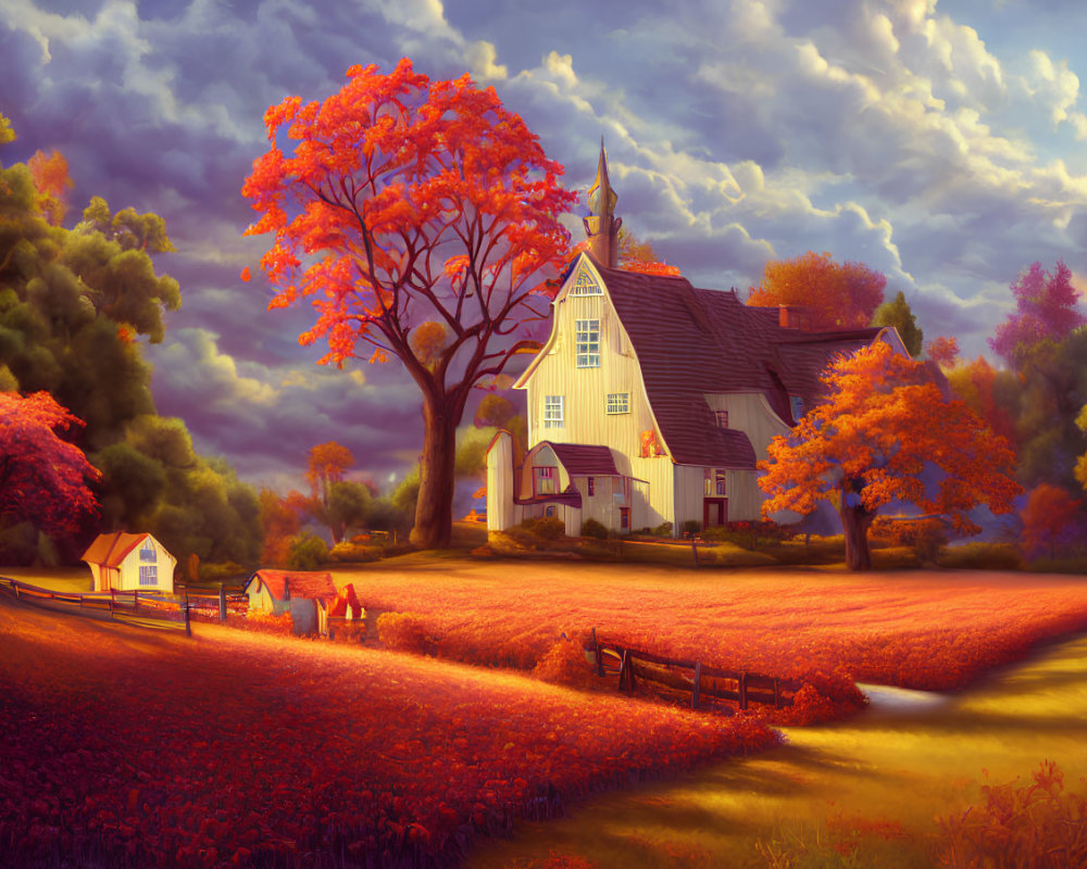 Cozy countryside house with autumn foliage and red-orange tree in sunset scene