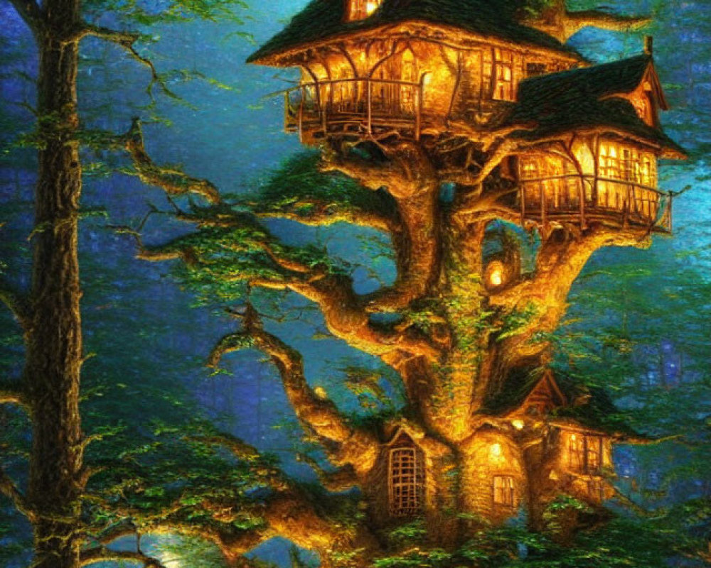 Enchanting multi-story treehouse in mystical forest